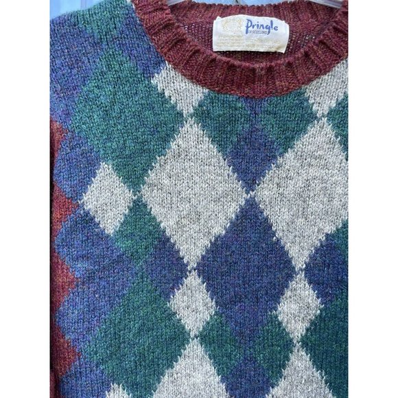 VTG Pringle Shetland Wool Sweater Knit Argyle Scotland Men Size XL Brown Green - Picture 4 of 5